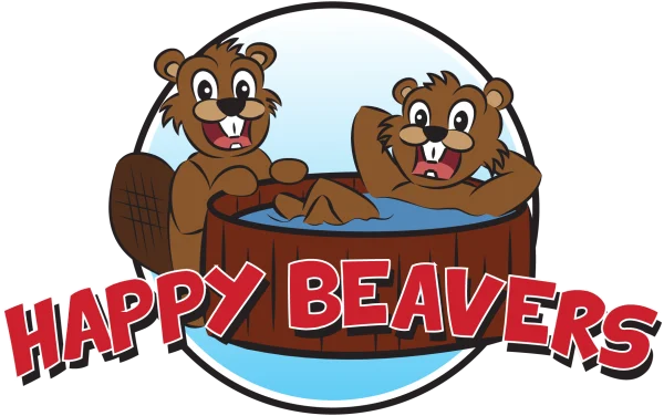 Happy Beavers Logo. Logossa kaksi majavaa ja punaisella teksti yrityksen nimi