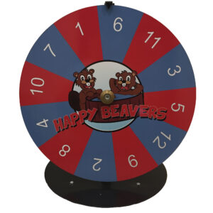 Pöytämallinen onnenpyörä 50cm, jossa on punaisia ja sinisiä sektoreita numeroilla 1-12 sekä keskellä Happy Beavers logo.